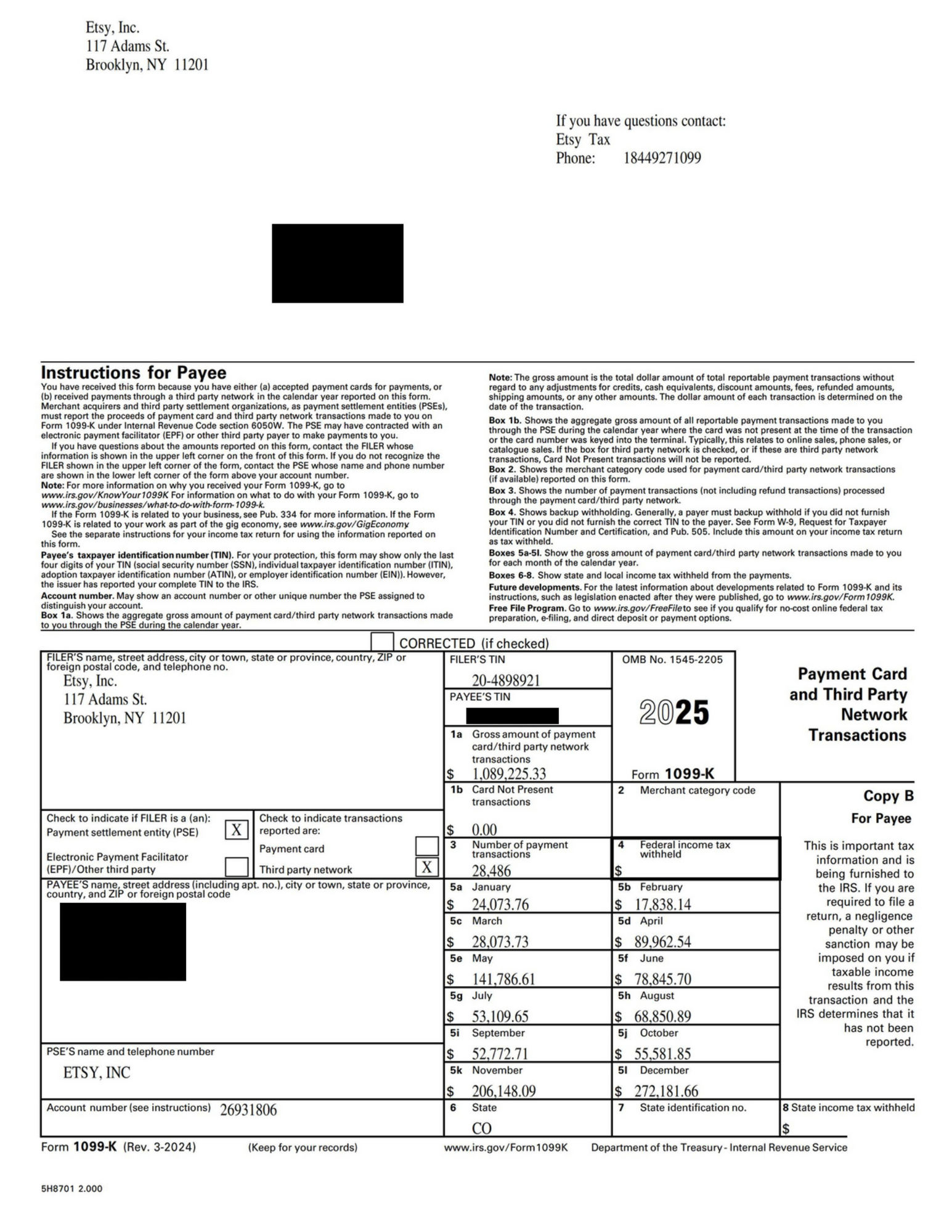 Lauren and Connor's real 2025 Etsy 1099-K tax form